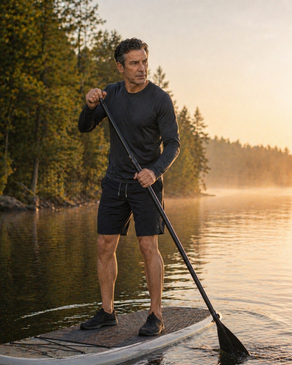 Tony Iavorone paddle boarding on a quiet Ontario lake